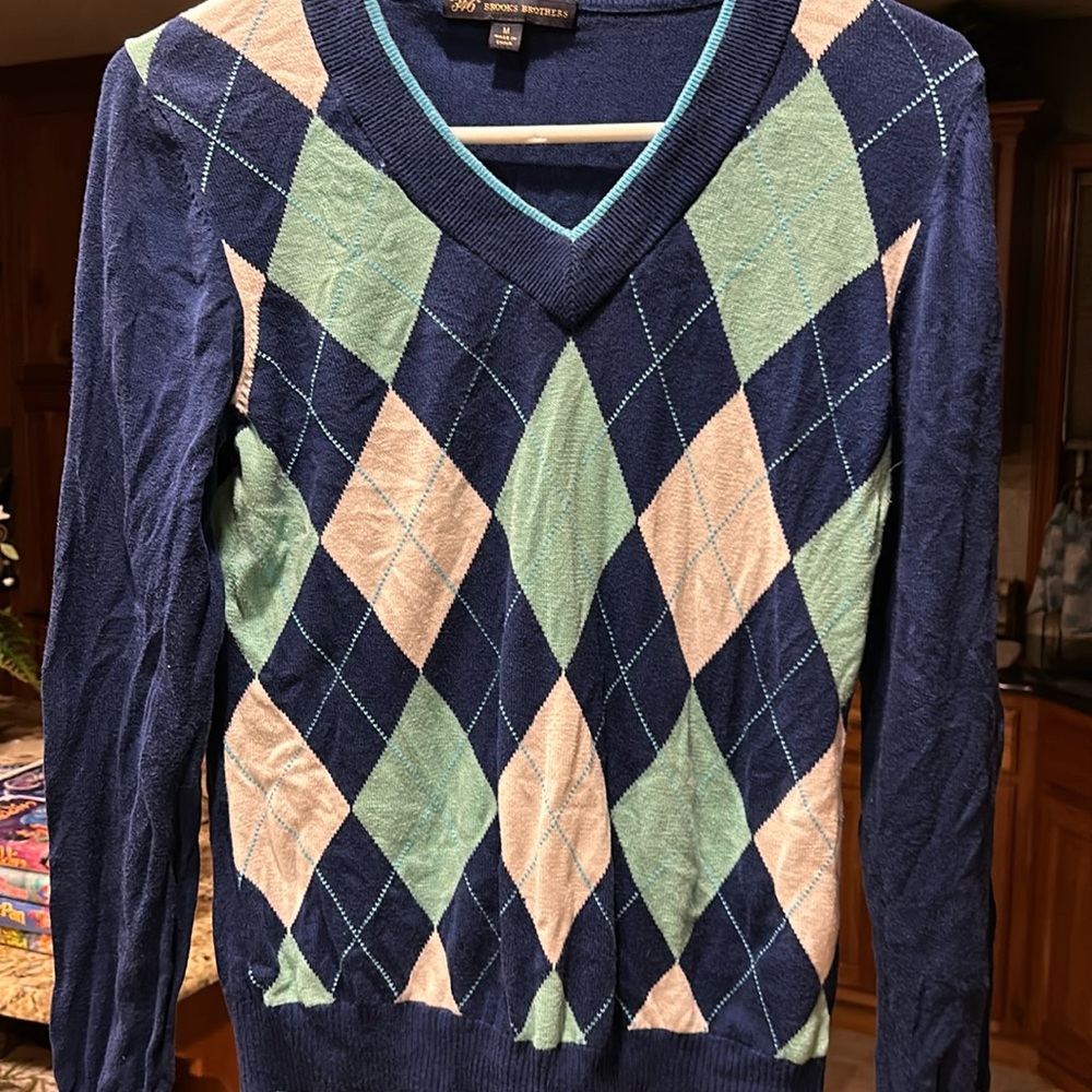 Vtg Brooks Brothers Gray Blue Argyle Tight Knit Cotton Soft V Neck Sweater Sz XS